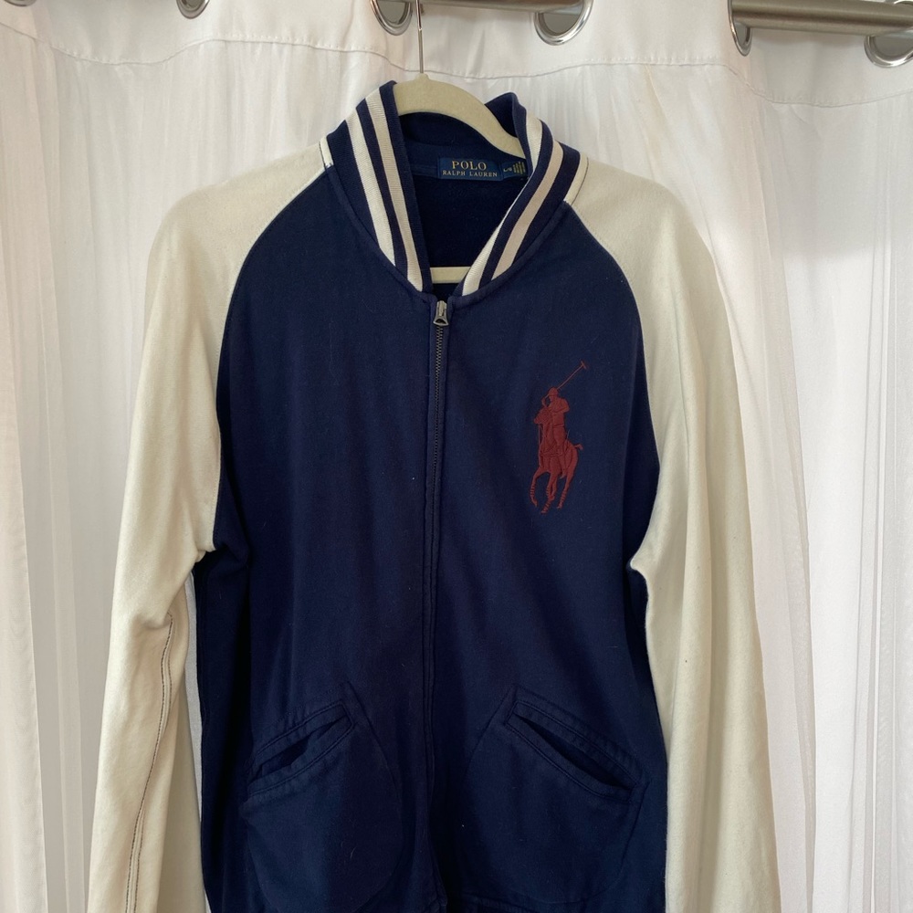 Polo by Ralph Lauren.  Blue and white varsity style sweatshirt.  Size large.